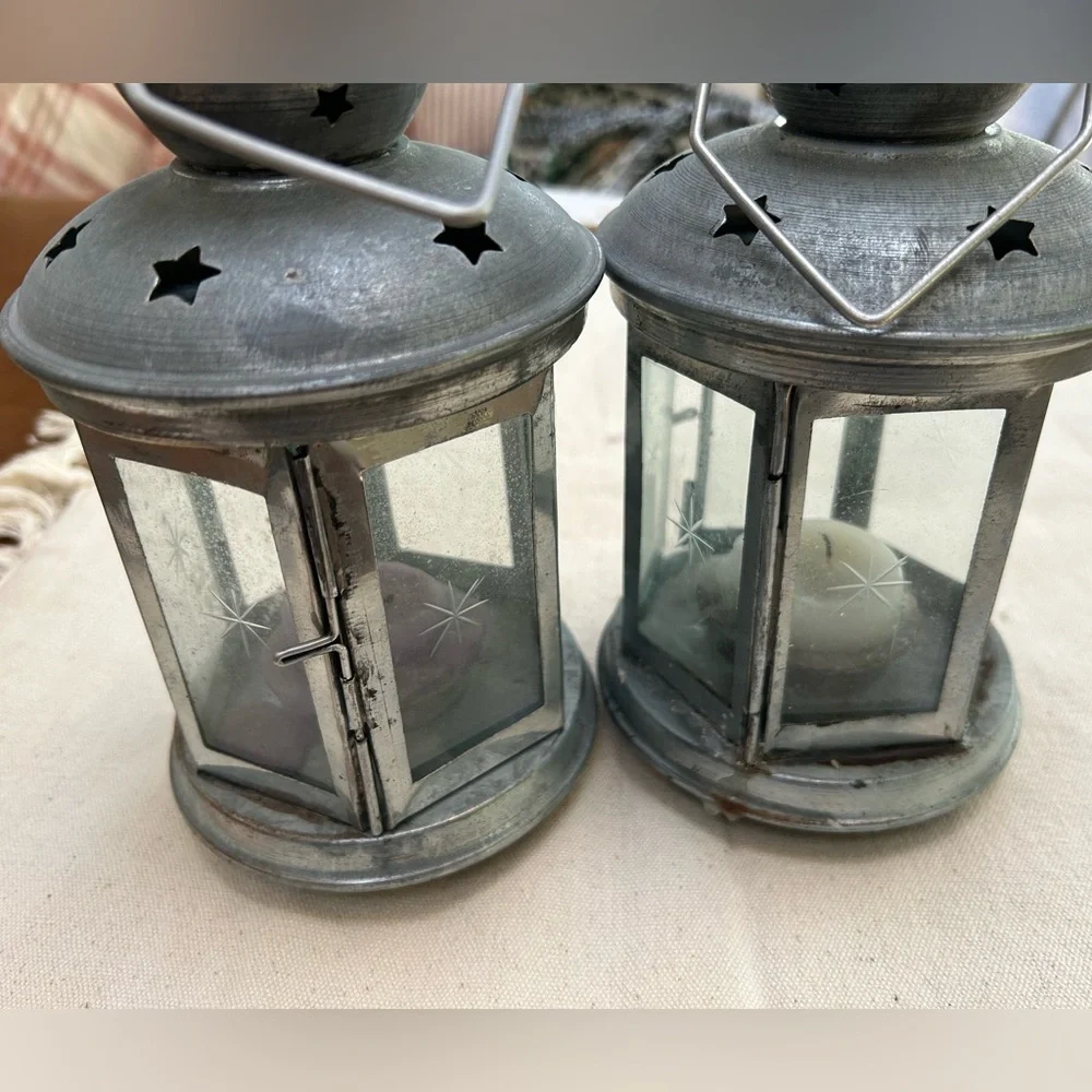 Two Vintage Galvanized hexagon Tea lights, handcrafted in India, hang or stand.
